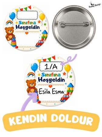 Sınıfına Hoş Geldin 25’li İsim Yazılabilir 44 mm Öğrenci Rozeti Seti-Okul Seti-1