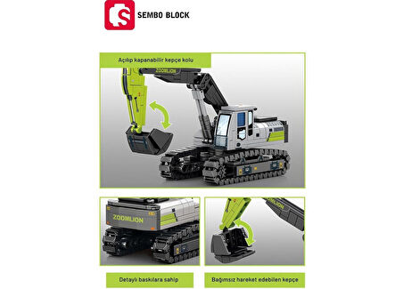 Sembo Block Zoomlion Lisanslı Mini Ekskavatör 236 Parça Yapı Blokları LEGO ile Uyumlu (705103)