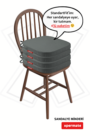 XPERMATE 4'lü StandartFit Oval Sandalye Minderi Fermuarlı Yıkanabilir Kılıf Bağcıklı Su ve Yağ İtici 42x42x5 Antrasit