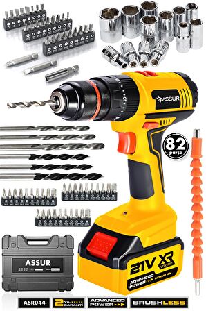 Assur 21V 2.0Ah 13mm Çelik Mandren Çift Akülü Şarjlı Darbeli Matkap 82 Parça Akülü Vidalama