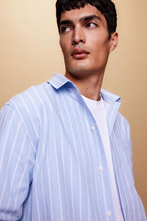 DeFacto Relax Fit Çizgili Poplin Uzun Kollu Gömlek A9440AX23AUBE723