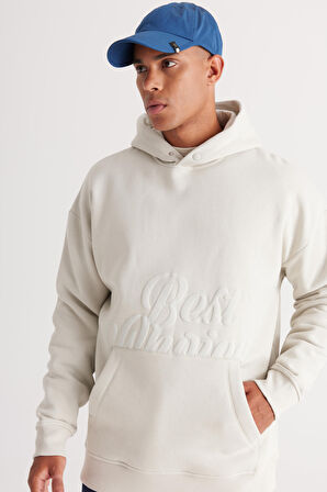 Erkek Bej Oversize Fit Bol Kesim Kapüşonlu Içi Polarlı 3 Iplik Baskılı Sweatshirt