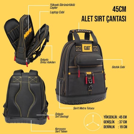 CAT DA980666 18''/45cm 2 Bölmeli PVC Tabanlı Ağır Hizmet Bez Alet Sırt Takım Çantası