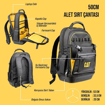 CAT DA981023 20'' 2+1 Bölmeli PVC Tabanlı Ağır Hizmet Bez Alet Sırt Takım Çantası