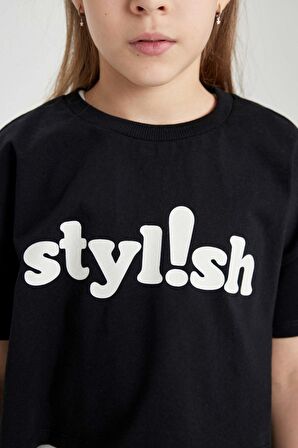 DeFacto Kız Çocuk Bisiklet Yaka Baskılı Crop Kısa Kollu Tişört B7181A824SMBK81