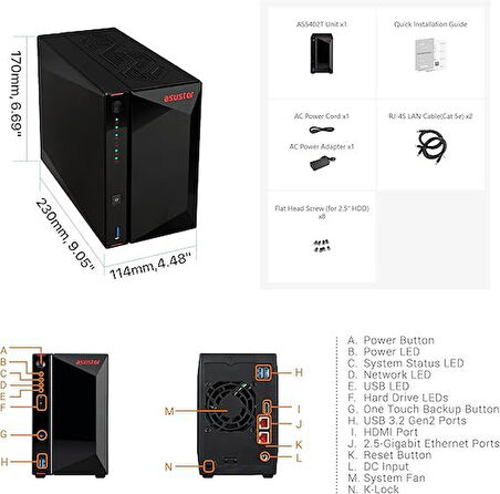 ASUSTOR AS5402T 2 SLOT (2X24TB) 4GB RAM(MAX8GB) ETH 4x M.2 slots 2 * SATA