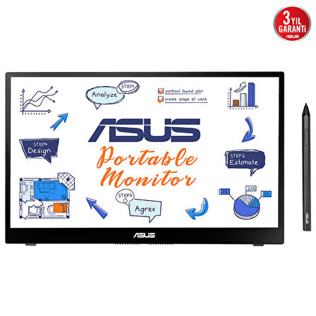 ASUS ZENSCREEN INK MB14AHD 14 TASINABILIR USB MONITOR IPS 1920x1080 5MS Micro-HDMI USB-C 3YIL 10 PARMAK DOKUNMATIK KALEM EYECARE Monitör