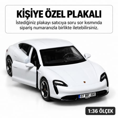 Porsche Taycan 1:36 Metal Araba - Kişiye Özel Plakalı Beyaz