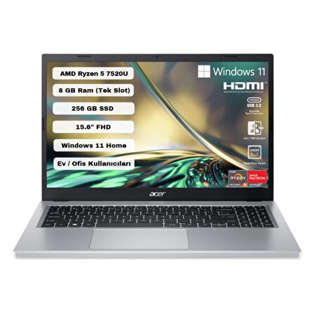 Acer Aspire 3 A315-24P AMD Ryzen 5 7520U 8GB 256GB SSD Windows 11 15.6” FHD Taşınabilir Bilgisayar NX.KDEEY.003
