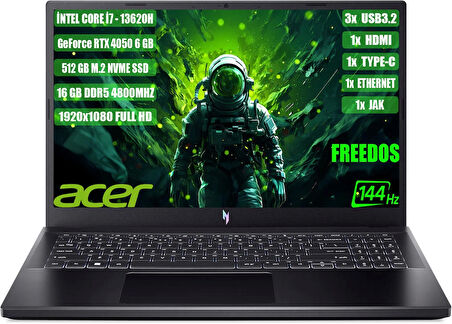 ACER Nitro V 15 i7-13620H 16 GB 512 GB SSD RTX 4050-6 GB 15.6" FHD IPS 144Hz FreeDOS NH.QNBEY.002