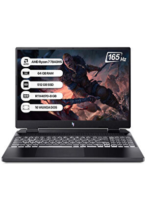 Acer Nitro16 R7 7840HS 64 GB 512 GB SSD Rtx 4070-8 GB Freedos 16" WQXGA 165 Hz Taşınabilir Bilgisayar NH.QLJEY.003-64