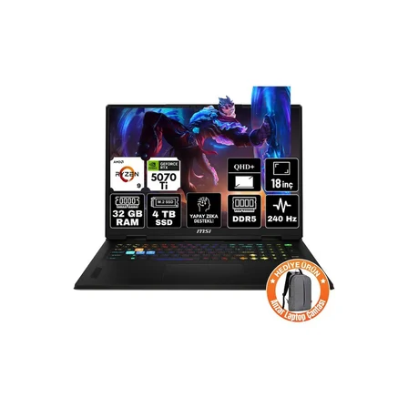 MSI Msı Vector A18 Hx Amd Ryzen 9 9955HX 32GB 4tb SSD RTXRTX5070TI 12GB Freedos 18" Qhd+ 240Hz Taşınabilir Bilgisayar A9WHG-A3