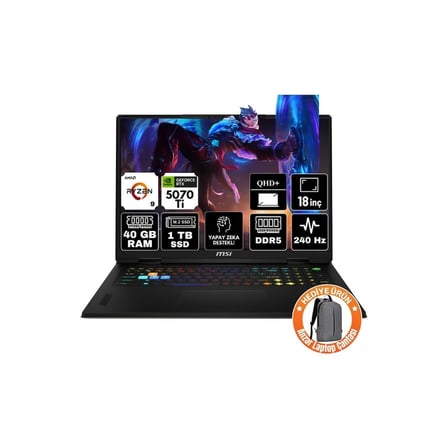 MSI Msı Vector A18 Hx Amd Ryzen 9 9955HX 40GB 1tb SSD RTXRTX5070TI 12GB Freedos 18" Qhd+ 240Hz Taşınabilir Bilgisayar A9WHG-A6