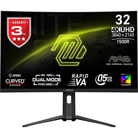 MSI MAG 321CUPDF 32 3840x2160 UHD 160Hz 0.5ms HDMI DP Type-C HDR 400 FreeSync Premium Curve 1500R Gaming Monitör
