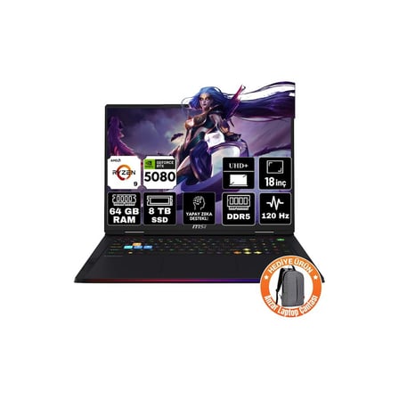 MSI Msı Raıder A18 Hx Amd Ryzen 9 9955HX3D 64GB 8tb SSD RTX5080 16GB Freedos 18" Uhd+ 120Hz Taşınabilir Bilgisayar A9WIG-092TR-A3