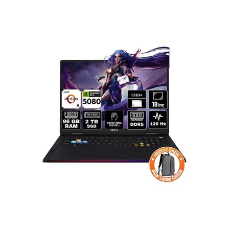 MSI Msı Raıder A18 Hx Amd Ryzen 9 9955HX3D 96GB 2tb SSD RTX5080 16GB Windows 11 Pro 18" Uhd+ 120Hz Taşınabilir Bilgisayar A9WIG-092TR-A16