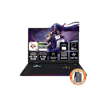 MSI Msı Raıder A18 Hx Amd Ryzen 9 9955HX3D 96GB 4tb SSD RTX5080 16GB Windows 11 Pro 18" Uhd+ 120Hz Taşınabilir Bilgisayar A9WIG-092TR-A17