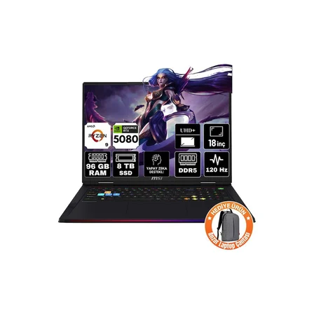 MSI Msı Raıder A18 Hx Amd Ryzen 9 9955HX3D 96GB 8tb SSD RTX5080 16GB Windows 11 Pro 18" Uhd+ 120Hz Taşınabilir Bilgisayar A9WIG-092TR-A18