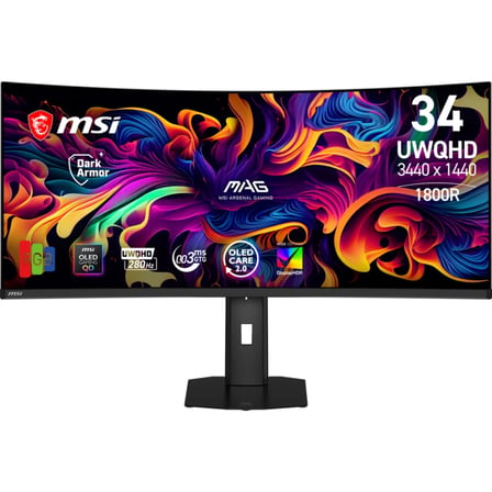 MSI MAG 341CQP QD-OLED X28 34 3440x1440 UWQHD 280Hz 0.03 ms Curve 1800R HDMI DP Type-C RJ45 Vesa Display HDR True Black 500 Adaptive Sync QD-OLED Gaming Monitör