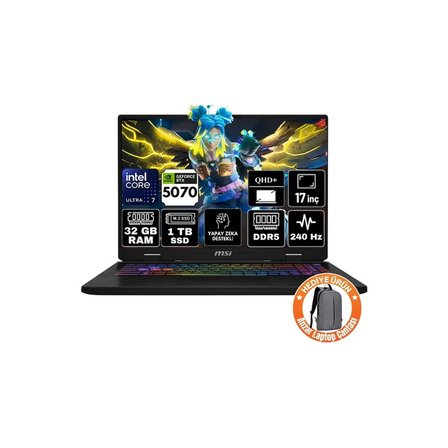 MSI Msı Crosshaır 17 Hx Aı Intel Core Ultra 7 255HX 32GB 1tb SSD RTX5070 8gb Freedos 17" Qhd+ 240Hz Taşınabilir Bilgisayar D2XWGKG-018XTR-A1
