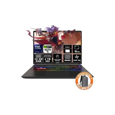MSI Msı Vector 16 Hx Aı Intel Core Ultra 7 255HX 32GB 4tb SSD RTX5070TI 12GB Windows 11 Pro Fhd+ 16" 144Hz Taşınabilir Bilgisayar A2XWHG-091XTR-A54