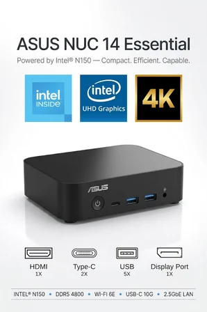 ASUS NUC 14 Essential Barebone Intel N150 16GB DDR5 2TB SSD 4K FDOS MINI BİLGİSAYAR NUC14MNK150 A12