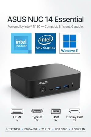 ASUS NUC 14 Essential Barebone Intel N150 16GB DDR5 512GB SSD W11PRO MINI BİLGİSAYAR NUC14MNK150 A22
