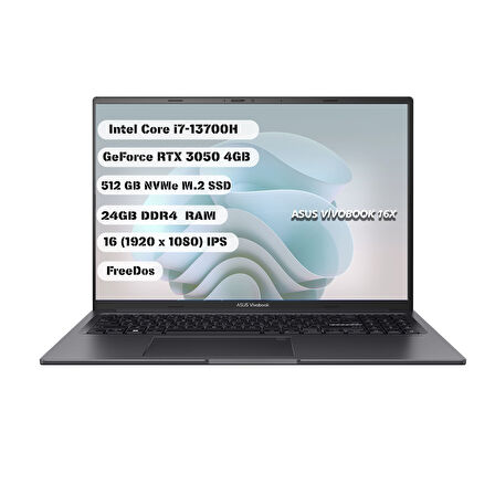 ASUS Vivobook 16X K3605VC-N1279 - Intel i7-13700H - 16’’ WUXGA – 24 GB Ram - 512 GB SSD – RTX 3050 – Q Us İngilizce Klavye - Dos – 1 Yıl Garanti