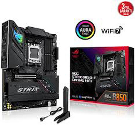 ASUS ROG STRIX B850-E GAMING WIFI AMD B850 AM5 DDR5 8000 DP HDMI Type-C 5x M2 USB3.2 Gen 2x2 WiFi 7 + BT AURA RGB 5Gbit LAN ATX 16+2+2 Güç Aşamaları, 