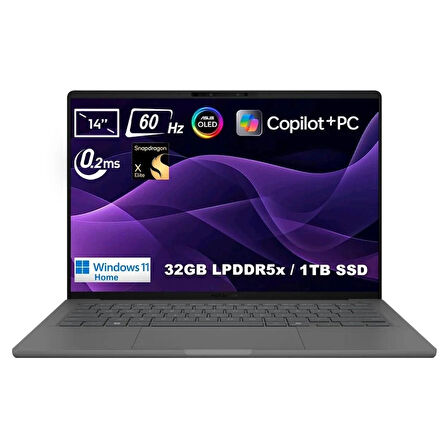 ASUS Zenbook 14 UX3407RA-QD057W Snapdragon X Elite X1E-78-100 32GB LPDDR5x 1TB SSD 14 inç WUXGA 60Hz 0.2ms OLED W11 Home Laptop