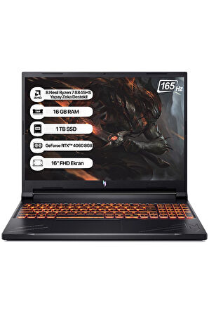 Acer Nitro V16 ANV16-41 AMD R7 8845HS 16GB 1TB SSD RTX4060-8GB Dos 16" WUXGA 165Hz Taşınabilir Bilgisayar NH.QRUEY.005
