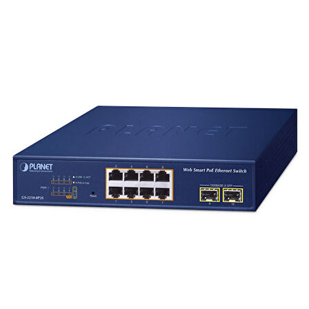Layer 2 Web Smart Ethernet Switch 8-Port 10/100/1000T IEEE802.3af/at PoE+ port (Port başına 30.8 watt) (PoE Güç Bütçesi maks. 120 Watt) 2-Port 1000X SFP yuva 8-Port 10/100/1000T 802.3at PoE + 2-Port 1000X SFP Web Smart Ethernet