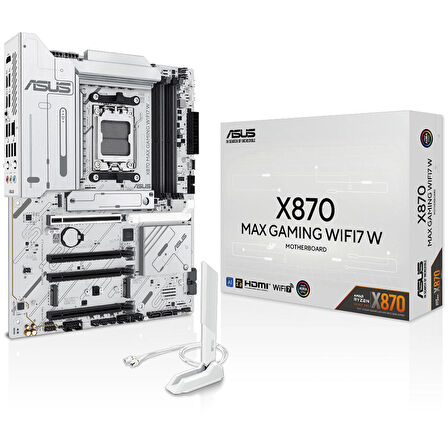 ASUS X870 MAX GAMING WIFI7 W AMD X870 AM5 DDR5 8000 HDMI 2xUSB4 3x M2 USB3.2 WiFi 7 + BT AURA RGB 5Gbit LAN ATX 12+2+1 Güç Aşamaları, Çift USB4, 3xM.2