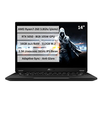 ASUS TUF GAMING A14 FA401UH-RG018-Gaming Ryzen 7 260 16GB 512GB SSD RTX5050 8GB 105W 14" WQXGA 165Hz IPS Panel Freedos Taşınabilir Bilgisayar