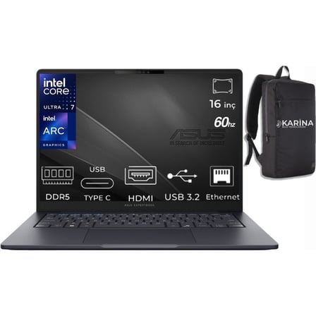 Asus Expertbook B5 Intel Core Ultra 7 255H B5605CCA-U716512B1D-K01 32GB 512GB Intel Arc Graphics Freedos 16" Wuxga (1920X1200) IPS 300NITS Taşınabilir Dizüstü Bilgisayar & Karina Çanta