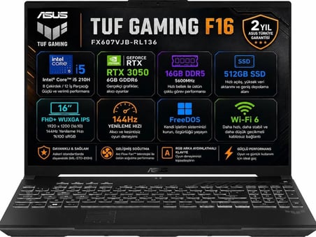 Asus TUF F16 FX607VJB-RL136-Gaming Intel Core 5 210H 16GB 512GB SSD RTX 3050 6GB 16" FHD+ WUXGA Fdos
