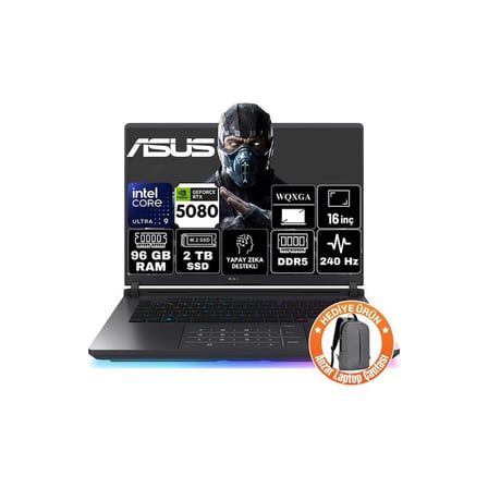 Asus Rog Strix G16 Intel Core Ultra 9 275HX 96GB 2tb SSD RTX5080 16GB 175W Freedos 16" 240Hz Wqxga Taşınabilir Bilgisayar G615LW-S5185-A33