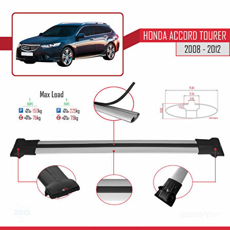 Honda Accord Tourer 2008-2012 Arası ile Uyumlu FLY Model Ara Atkı Tavan Barı Gri 2 Adet