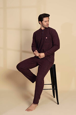 Erkek 3 Düğme Uzun Kol Göğüs Cepli Selanik Kumaş Kışlık Cepli Pijama Takımı 