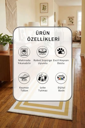 Yıkanabilir Kaymaz Çerçeve Krem Gold Dijital Baskılı Yolluk Halı Tüy Tutmaz Krem Gold