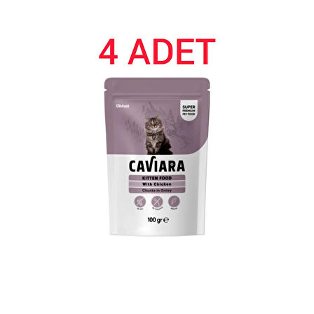 Caviara Pouch Sos Içinde Et Parçacıklı Tavuklu Yavru Kedi Maması 100 gr X4