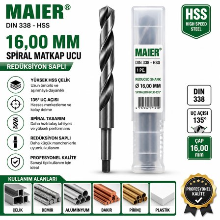 MAİER 16 mm HSS MATKAP UCU ŞAFTI DÜŞÜRÜLMÜŞ 118 Derece DIN 338