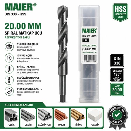 MAIER 20 mm DIN 338 HSS Spiral Matkap Ucu Redüksiyon Saplı (Reduced Shank) 135°