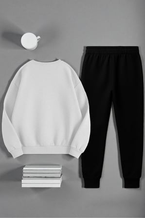 Unisex Kurdele Tasarım Baskılı Bisiklet Yaka Sweatshirt 2'li Eşofman Takımı