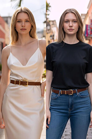 Çift Gold Köprülü Kahve Kadın Kemer