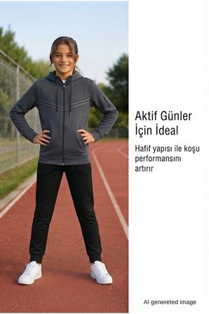 Kız Çocuk Kolu Cepli Şerit Baskılı Kapüşonlu Dalgıç Kumaş Eşofman Takımı ESF7031