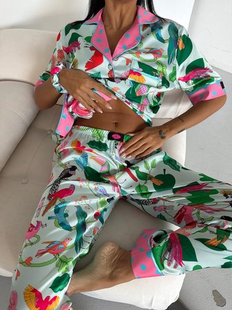 Muah Exotic Garden Kadın Saten Pijama Takımı Tropikal Papağan Desenli Kısa Kollu Beyaz