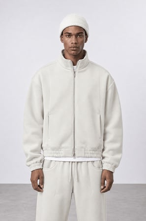 Erkek Crop Fit Panda Oversize Zip Bej