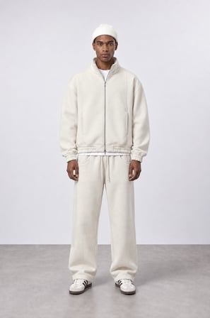 Erkek Crop Fit Panda Oversize Zip Bej