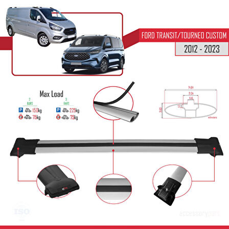 Ford Transit/Tourneo Custom 2012-2023 Arası ile Uyumlu FLY Model Ara Atkı Tavan Barı Gri 2 Adet